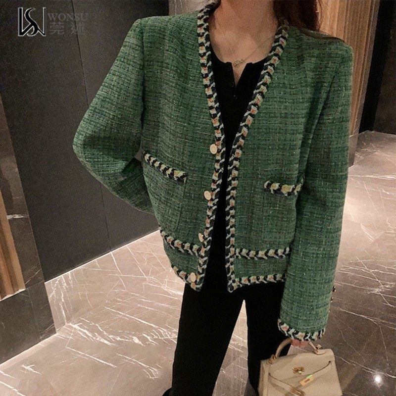 Retro green small fragrant wind jacket female autumn French style celebrity temperament short heavy industry woven tweed top