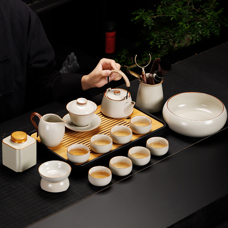 Jingdezhen Ru Kiln official flagship store 2023 new Ru kilo utive tea suit home ceramic teapot cover bowl-Taobao