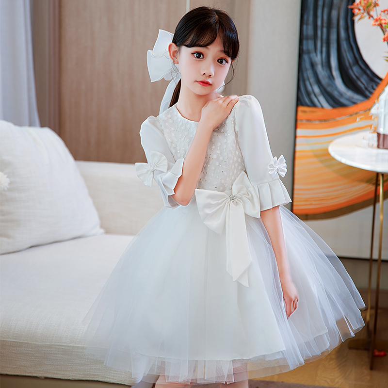 Girl Princess Dress Autumn Dress Fluffy Yarn Flowers Child Wedding Dress Little Girl Walking Show Host to Dress Children Gown 