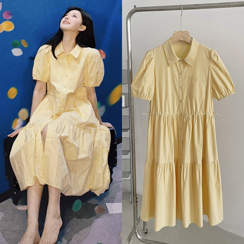 趙璐斯と同じ黄色のポロシャツドレスの女性の夏のフレンチウエストの小さなスカートをひそかに隠すことはできません