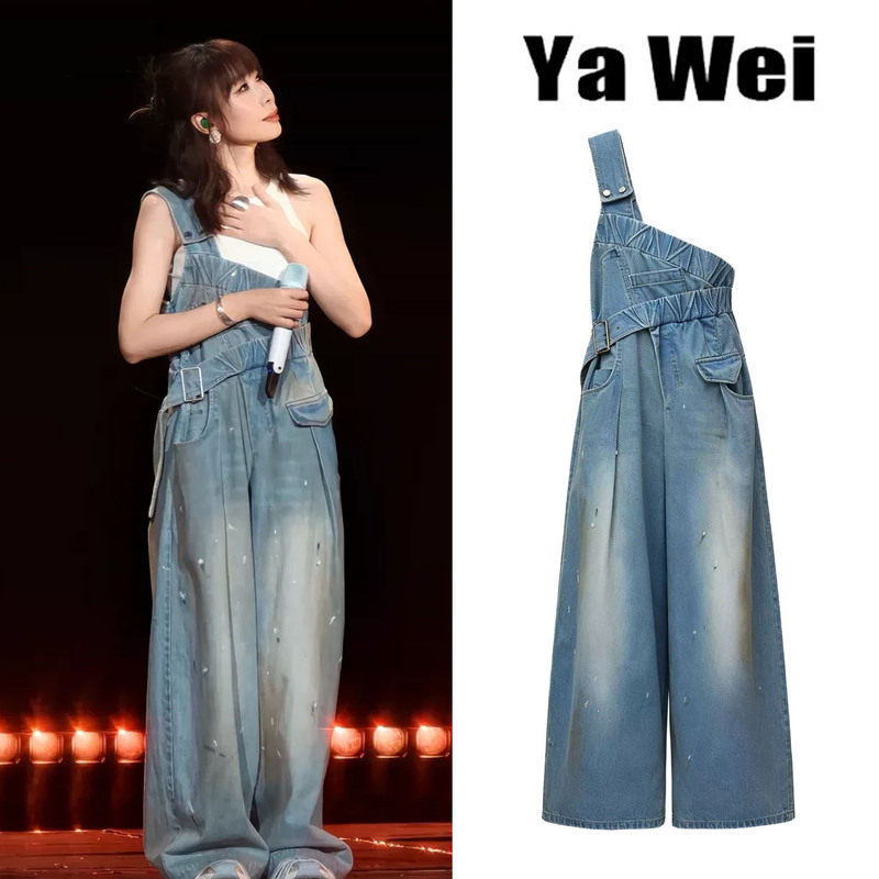Ren Suxi Style Blue Vintage One-Shoulder Youthful Denim Overalls for Women, High-Waisted Wide-Leg Graffiti Jumpsuit Pants