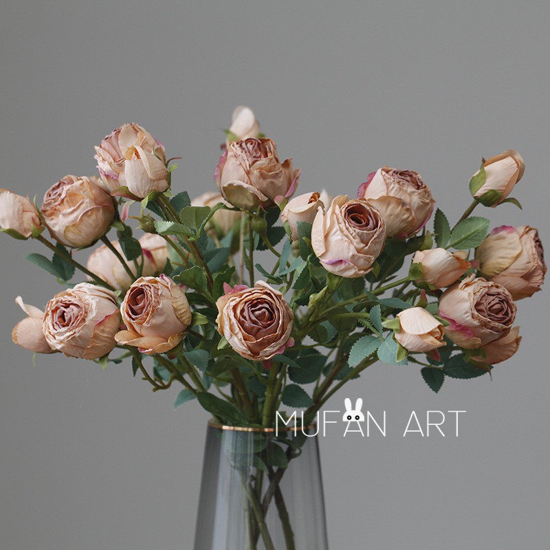 Ins retro burnt edge small rose simulation flower multi-head imitation dried flower rose fake flower home living room wedding decoration flower