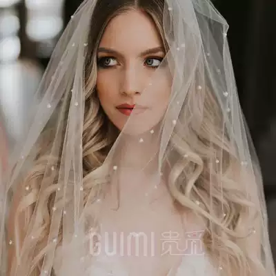 Wedding dress pearl veil New forest series photo props beaded headdress long drag super fairy Korean bride wedding veil