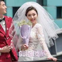 Bride wedding white double head yarn fluffy yarn collar certificate registration photo props main wedding dress retro headwear