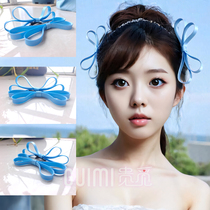 Light blue bow headdress bride wedding makeup styling back head hair accessory wedding photo hairpin