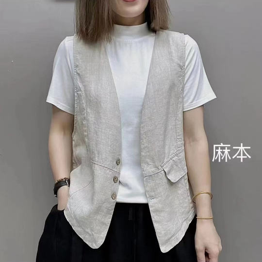 春夏季宽松纯亚麻休闲气质百搭马甲口袋纽扣开衫坎肩68139