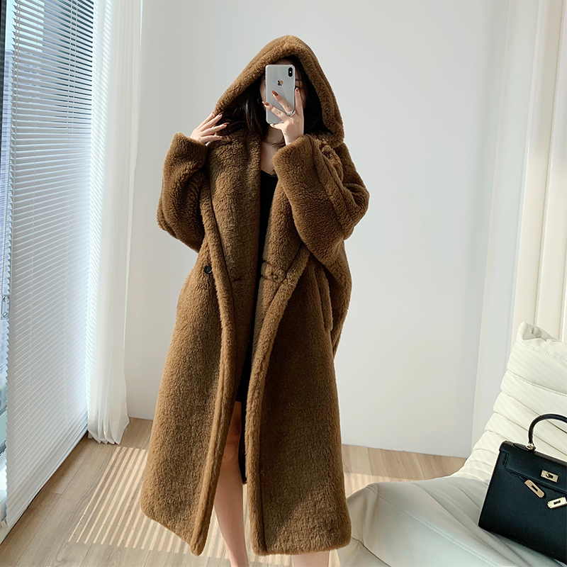 2026 Autumn/Winter New m Brand Tobacco Color Tbacco Hooded Long Teddy Bear Coat Alpaca Fur Outerwear