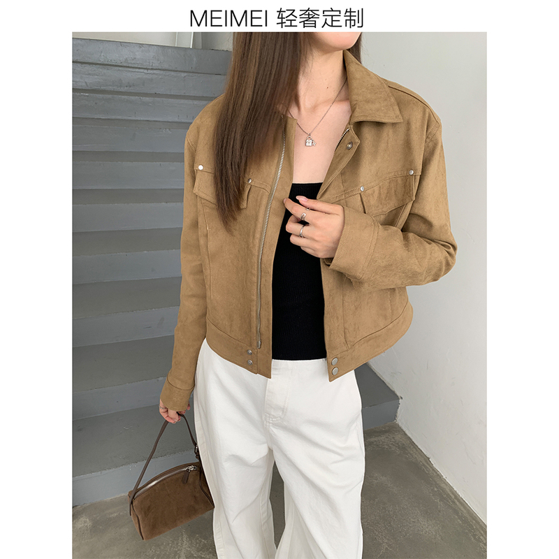 Meimei Autumn Retro Maillard Brown Lapel Jacket Long Sleeve Suede Short Coat for Petite Women Meimei Autumn Retro Maillard Brown Lapel Jacket Long Sleeve Suede Short Coat for Petite Women