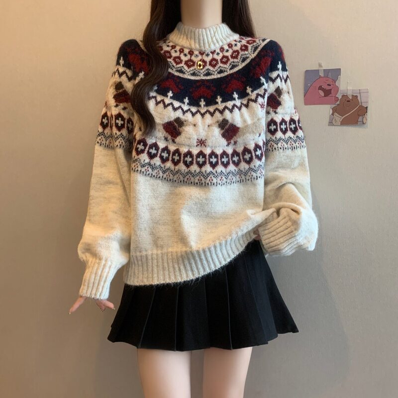 Stunning Fair Isle Sweater for Women, Suitable for Outerwear in Autumn and Winter, Plus-Size, Semi-Turtleneck, Regular Shoulder Fit, Base Layer Knit Top Stunning Fair Isle Sweater for Women, Suitable for Outerwear in Autumn and Winter, Plus-Size, Semi-Turtleneck, Regular Shoulder Fit, Base Layer Knit Top