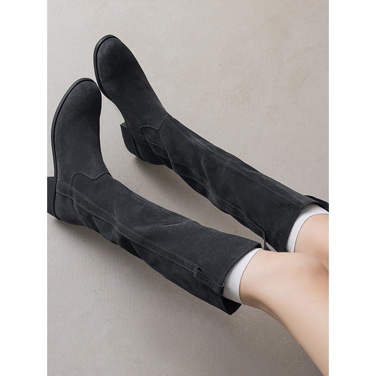 New Autumn and Winter Low-Heeled Long Boots, Suede High-Tube Slimming Women's Boots, Versatile Knee-High Riding Boots