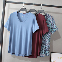 European and American large size modal solid color soft V-neck T-shirt female fat mm250 catties drape smooth high elastic short-sleeved top
