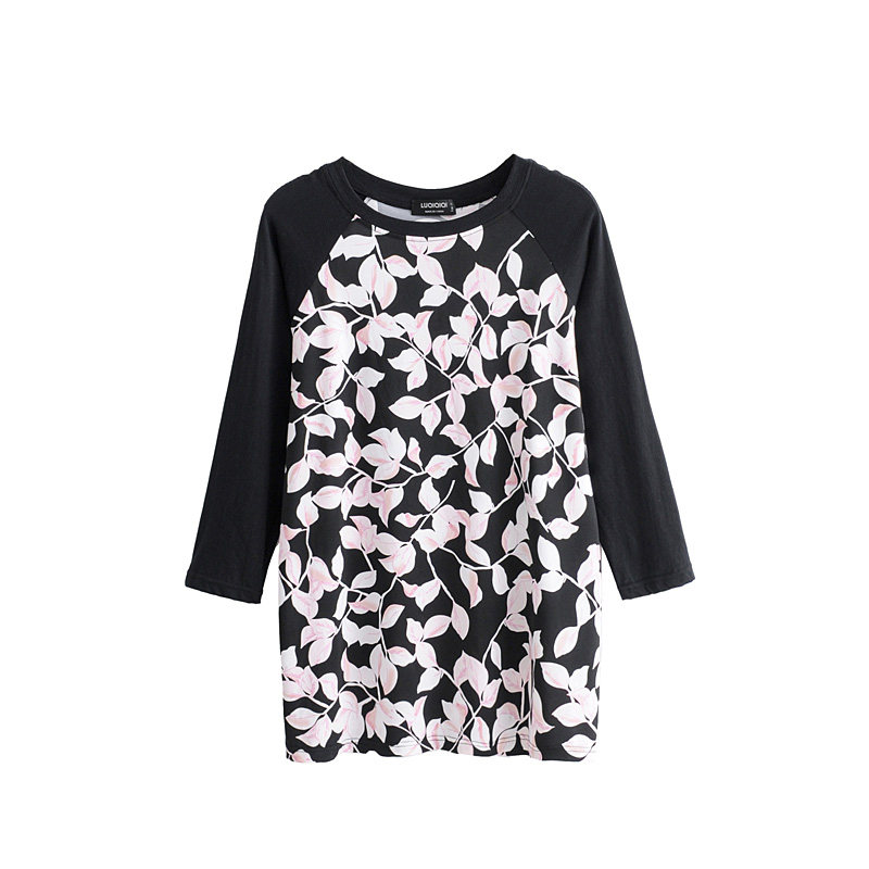 Gugujia custom plus fat and fat MM round neck T-shirt women's autumn style thin all-match printing color matching bottoming shirt