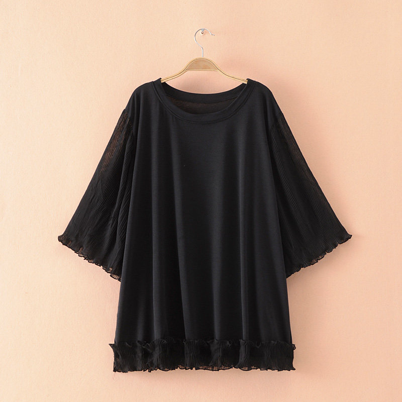 Gugujia custom large size women's fat MM200 catties round neck loose pleated chiffon breathable bottoming shirt pullover T-shirt
