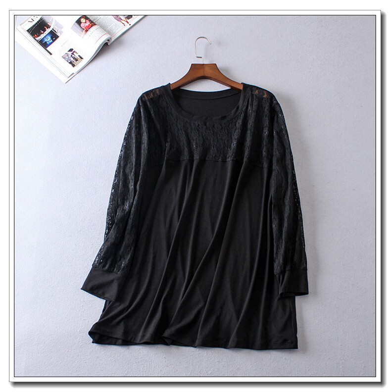 Gugujia custom autumn large size women's fat MM plus fat plus lace stitching hollow long-sleeved solid color bottoming shirt