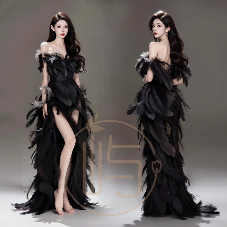 Black Feather Dress Goddess High-End Photo Clothing Photo Studio Stylish Pure Lust Style Art Photo Photography Costume
