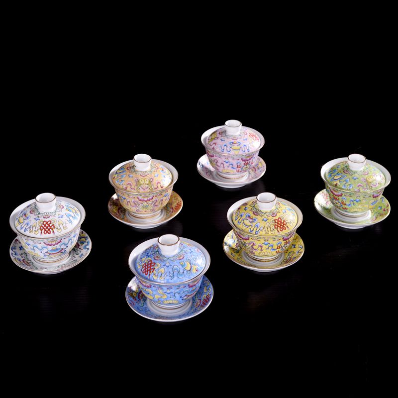 Hui shi tureen kung fu tea set of blue and white porcelain ceramic colored enamel three bowl of tureen tea cups, grilled flower tea cups