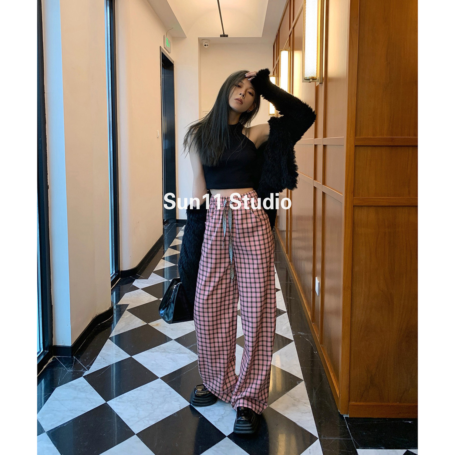 SUN11 pink casual plaid pants women's spring and autumn new high-waisted drape straight tube thin and mopping wide-leg pants