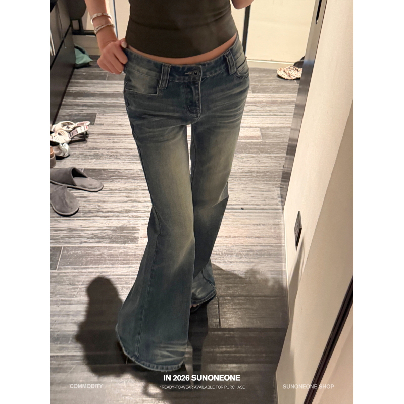 Sunoneone Low-Waisted Washed Vintage Blue Thin Flared Jeans for Women, Summer Slim Fit Casual Pants Sunoneone Low-Waisted Washed Vintage Blue Thin Flared Jeans for Women, Summer Slim Fit Casual Pants