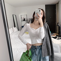 SUN11 short vneck pleated long sleeve T-shirt female 2021 spring new slim Joker knitted base top