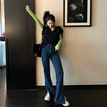 SUN11 split jeans womens spring and autumn 2021 new blue design sense high waist thin straight long pants