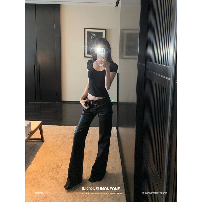 Sunoneone Retro Slim Black Coated Flared Jeans for Women, Summer and Autumn, Slim Fit, Petite Casual Pants