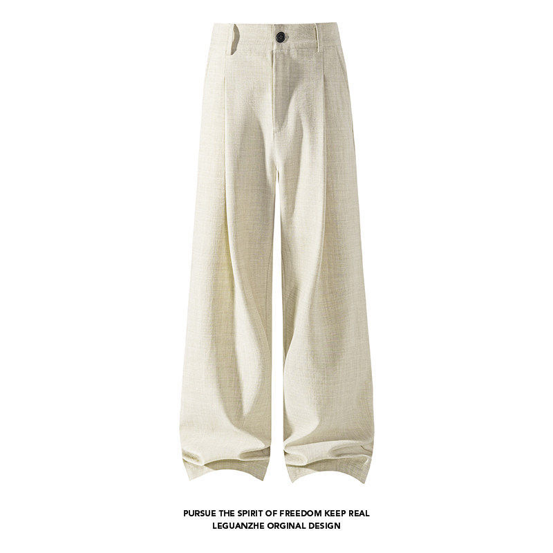 No Logo Flus Dongjue Spring New Style Old Money Style Faux Linen Straight-Leg Dress Pants for Men, Loose Fit, Large Size Straight Pants
