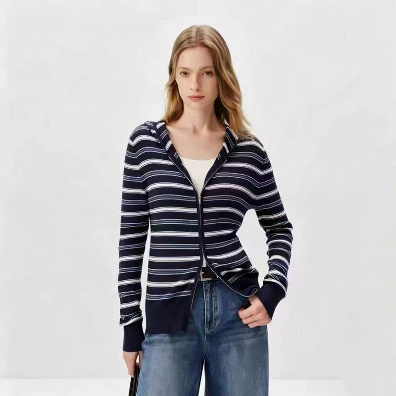Same Style as in the Mall! Zippered Striped Wool Knit Sweater 77003