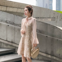 Đầm voan xếp ly 2018 mùa thu mới Hồng Kông hương vị retro chic lỏng ngọt ngào cao eo dưới váy 	váy suông cột dây eo