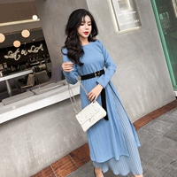 Bất bắn mùa thu mới Hàn Quốc tính khí thời trang nữ tên lớn đơn giản giả hai mảnh váy + vành đai thời trang nữ trung niên