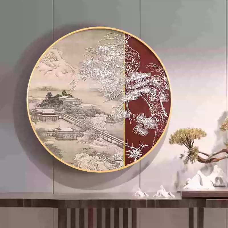 山水画新中式装饰画迎客松圆形茶室背景墙挂画禅 中国のスクロールペインティング、壁の装飾、シルクペイントの壁掛け装飾ポスター、家庭用ウォールスクロールデコレーション、古代の着物の美