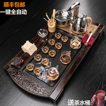 Ice crack kung fu purple sand glass ceramic tea set home simple living room office solid wood tea tray set