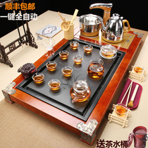 Ren gu tea set ice cracked glass solid wood tea tray household large tea table complete set of automatic induction cooker tea ceremony