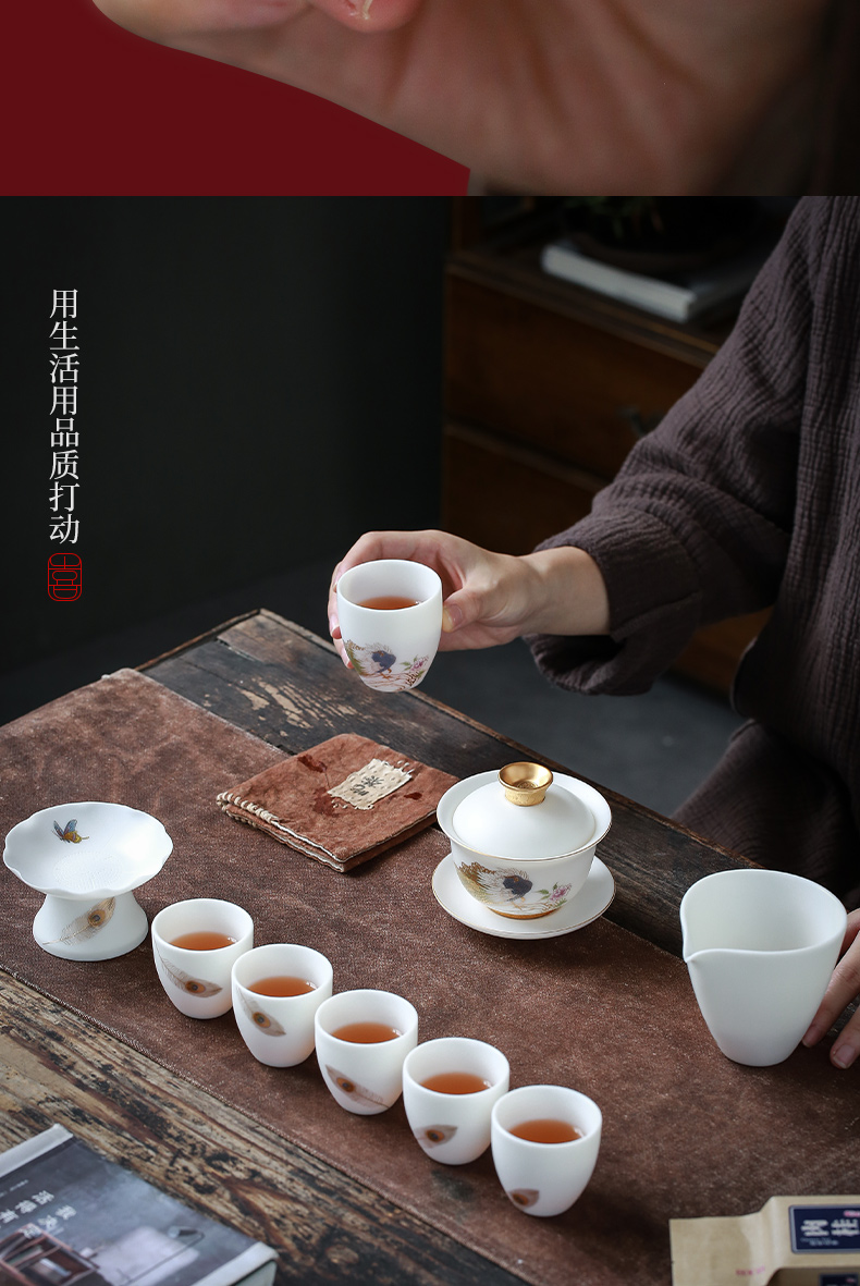 Become precious little wealth changchun suet jade white porcelain high - end kung fu tea set suit household dehua tureen gift products