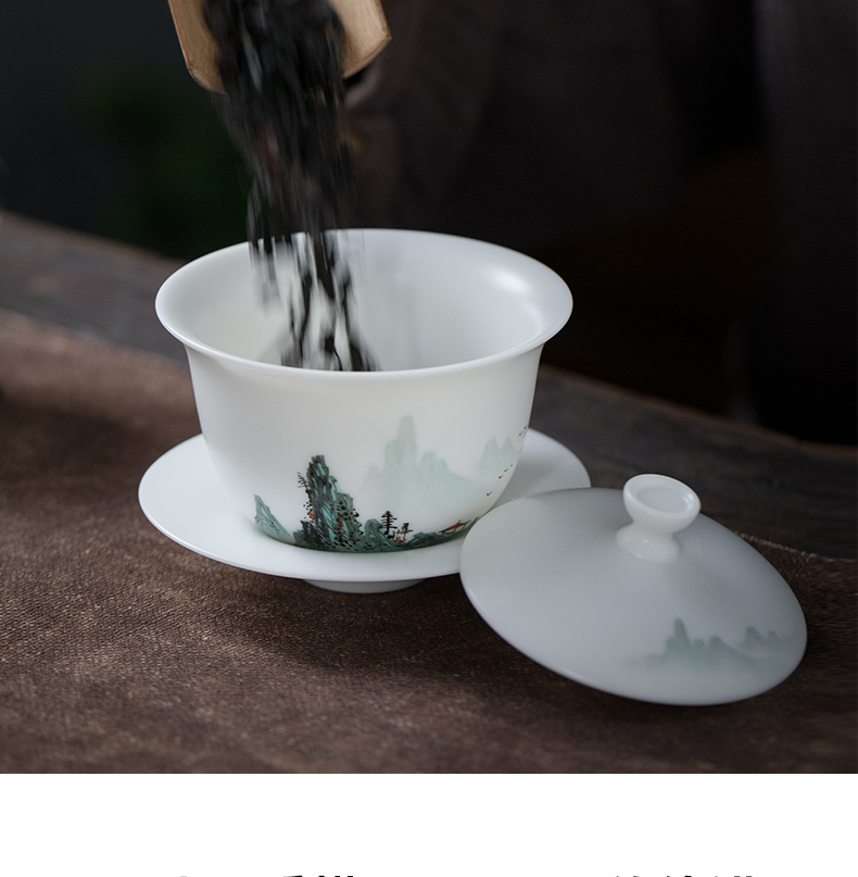 "Precious little hand - made aoyama, abbreviation suet jade white porcelain three tureen high - end kung fu tea cup bowl is home