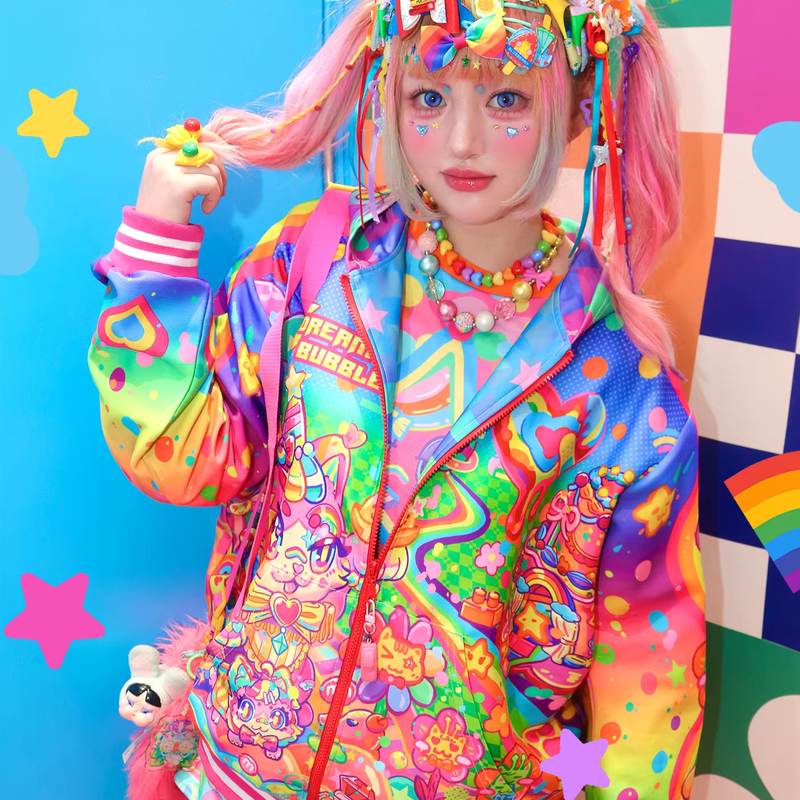 Harajuku Style Decora Rainbow Cat Color-Block Loose-Fitting Spring Thin Jacket with 3D Cat Ears Original Design