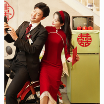 Chinese flagrobe toaster bride improved wine red back door clothes small man married thin evening dress