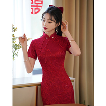 Chinese flaggown toast bride 2022 new temperament red little wedding dress female engaged lace