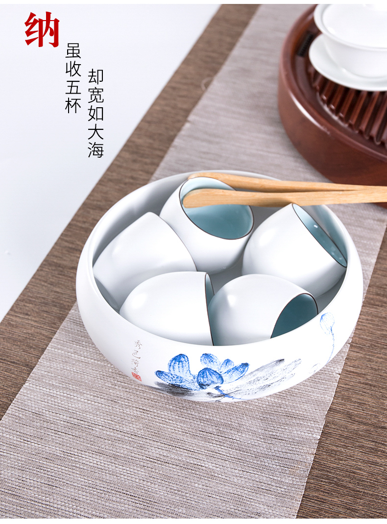 White porcelain ceramic tea wash water, after the writing brush washer of blue and White porcelain tea set spare parts for household large wash in hot cup bowl cylinder flowerpot