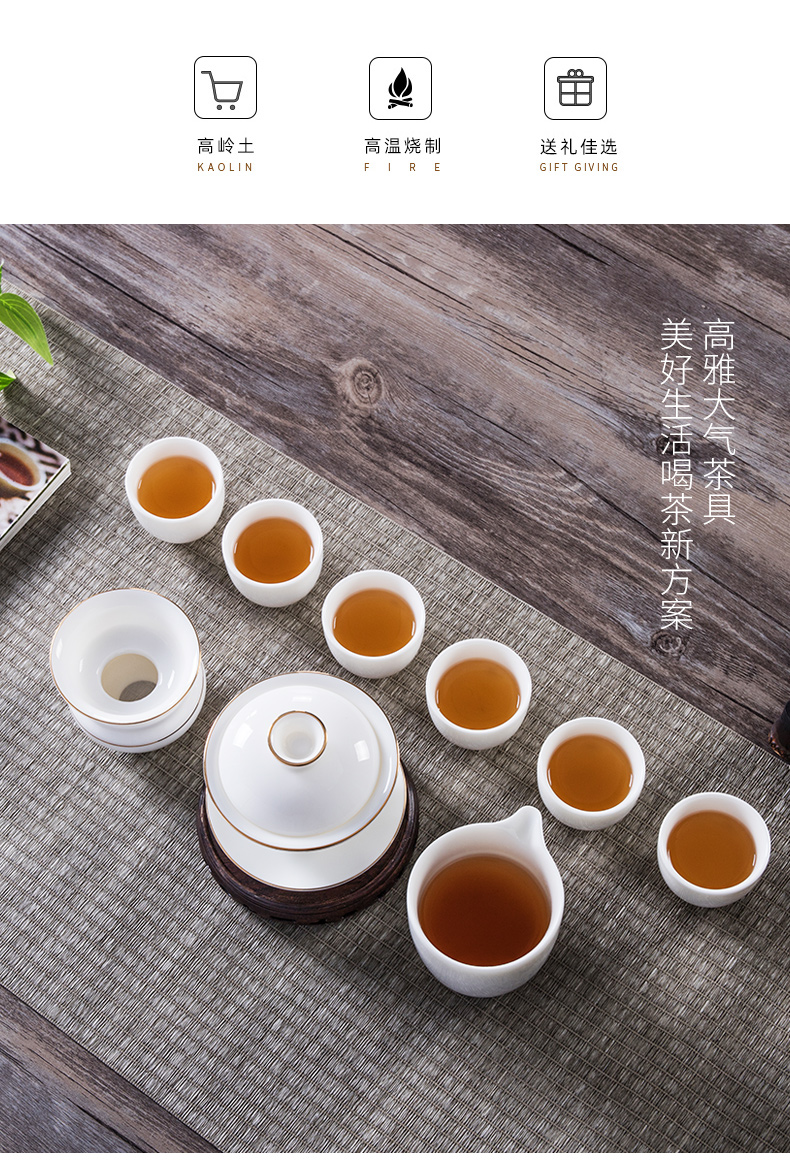 Dehua suet jade teapot tea set with white porcelain kung fu suit visitor office tea cup contracted