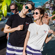 Pure cotton lovers beach sweater mens summer loose round neck beach T-shirt seaside vacation short-sleeved tide