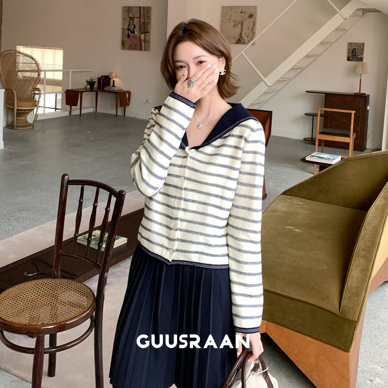Little Sail Cloud Story | Navy Blue Striped Long-Sleeved Knitted Cardigan for Women, Vintage Navy Collar Short Lapel Jacket Little Sail Cloud Story | Navy Blue Striped Long-Sleeved Knitted Cardigan for Women, Vintage Navy Collar Short Lapel Jacket