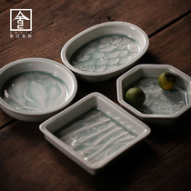 Self-sacrificing Yiwuhutian Kiln green and white glaze handmade embossed coaster Tea tray Ceramic cup tray Tea ceremony accessories