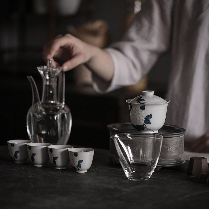 Powder enamel handpainted vintage green tureen tea bowl of small jingdezhen blue and white porcelain is pure manual three cups to Japanese