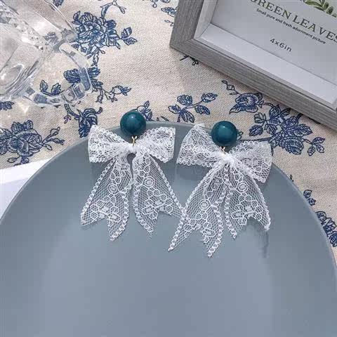 Lace tassel earrings bow female new trendy super fairy style earrings personality simple earrings ear clips - Taobao