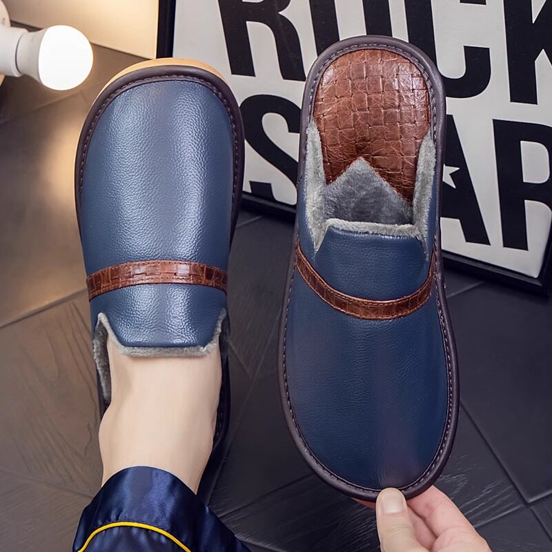 Tide Card Cotton Slippers Men 2023 Autumn Winter New Home Non-slip Home Warm Thick Bottom Waterproof Genuine Leather Couple Cotton Shoes-Taobao