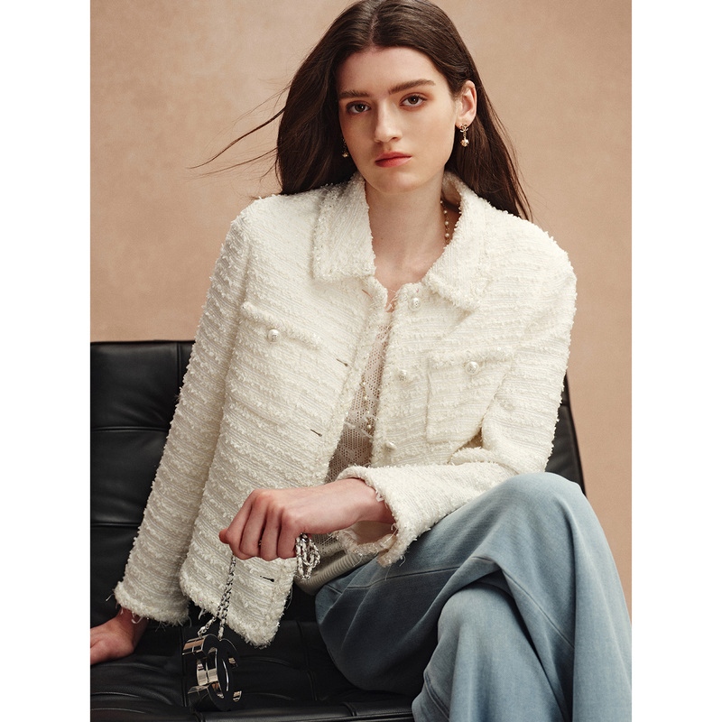 Island Breeze "White Lover" Japanese Import White Textured Lapel Tweed Chanel-Style Jacket