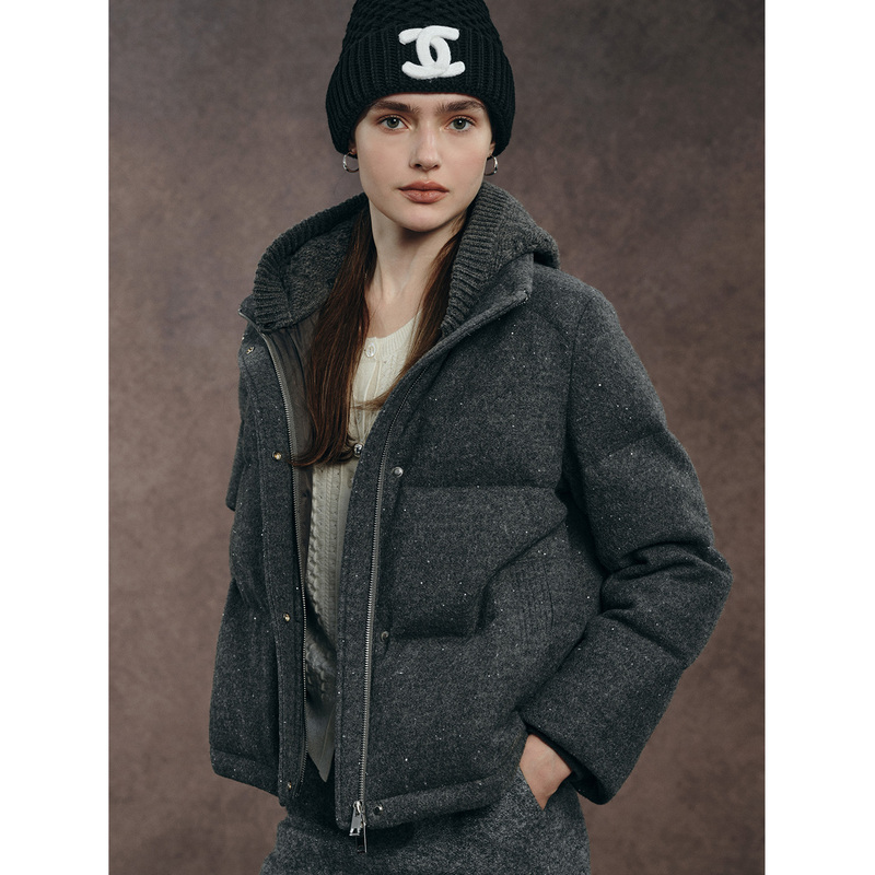 Island Breeze Bc Old Money Style Beaded Wool Tweed Detachable Knitted Cable Knit Hooded 95% White Goose down Jacket