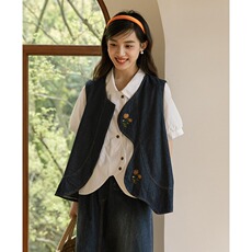 Женская жилетка 复古文艺不规则波浪边牛仔马甲女夏季新款设计感刺绣小众百搭上衣