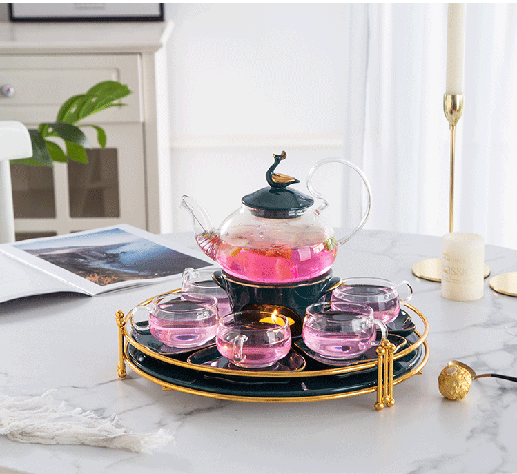 European malachite green tea ceramic teapot set glass flower tea light key-2 luxury ins scented tea mercifully pot of fruit