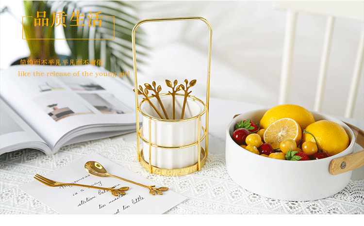 Small European - style key-2 luxury household stainless steel fruit fork suit creative ceramic receive tube cake snacks fork